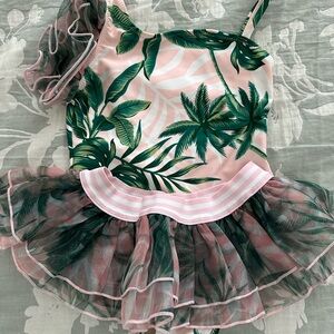 Tropical Leaf Print swimsuit with Tulle Skirt